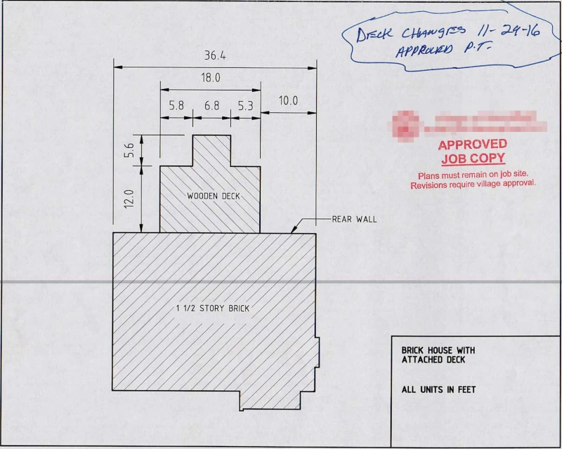 A top view of the house with the new deck attached, footprint only.