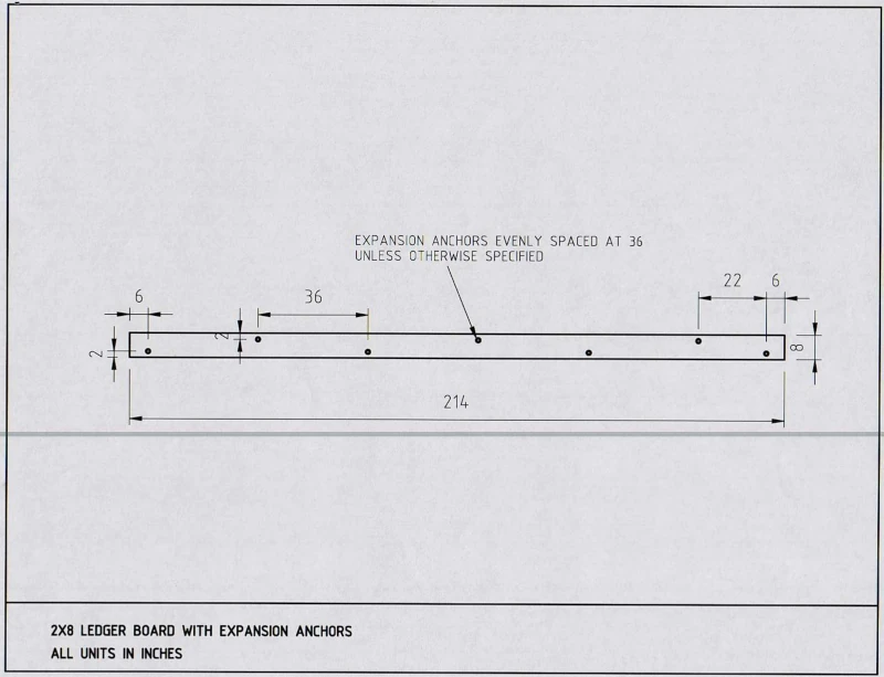 Details of where the expansion anchors will go on the ledger board.